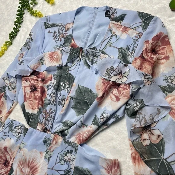 Bardot x Revolve Cutout Floral Frill Long Bell Sleeve Mini Dress in Blue Pink 6 - Picture 4 of 15
